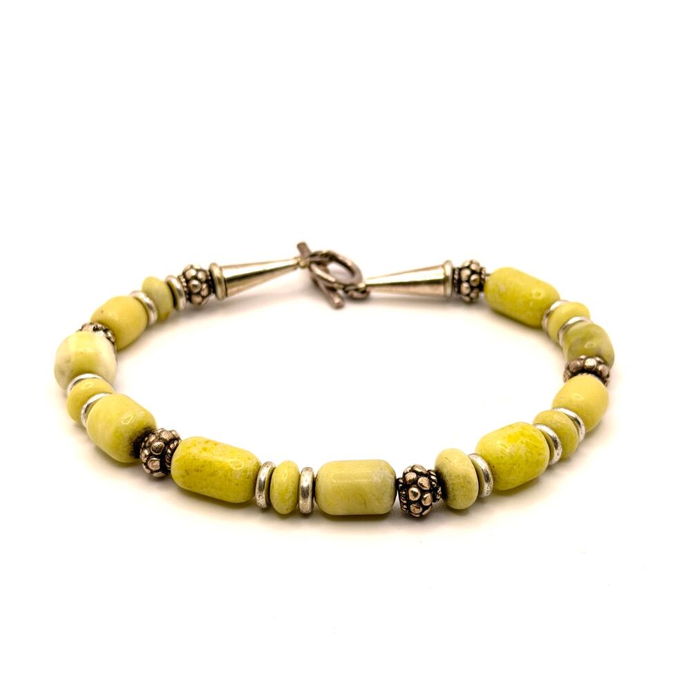 Vintage 90s Yellow Sterling Silver Jasper Southwest Stamped Toggle Bracelet